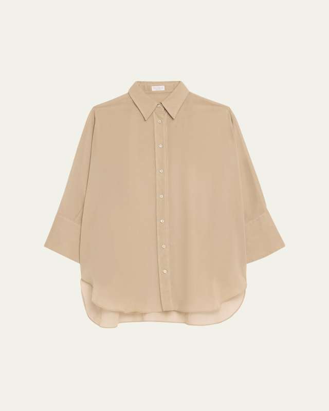 Embroidered-Cuff Cotton Gauze 3/4-Sleeve Shirt